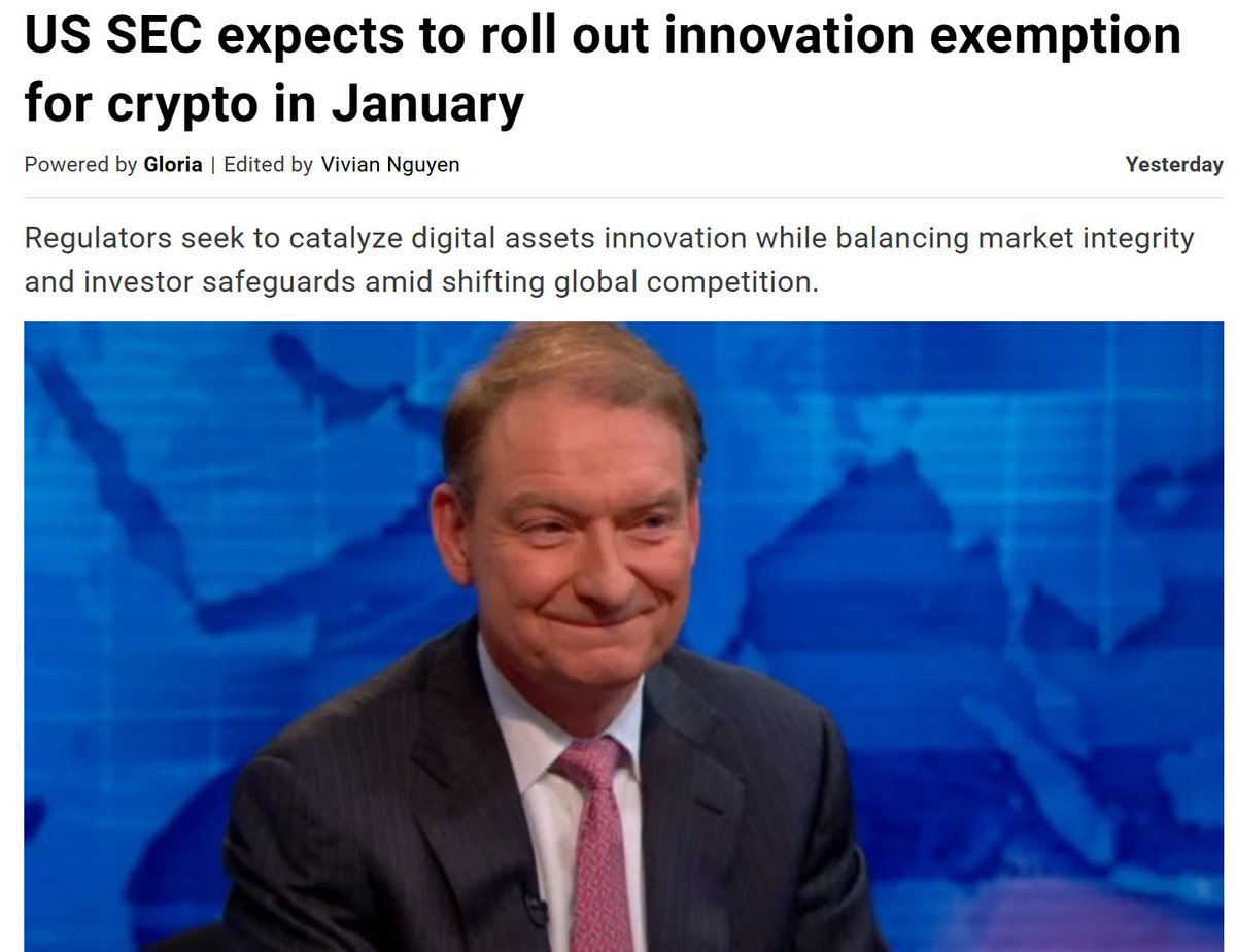 0xRexster's tweet photo. The SEC just dropped a signal that could reshape the entire US crypto landscape.

According to the chair, an Innovation Exemption policy for crypto companies is set to roll out within one to two months. If implemented, teams will be able to launch new products first without immediately worrying about enforcement risk.

The community is already speculating which sectors stand to benefit most.

The leading candidates are tokenized securities, public ICO-style raises, derivatives, and on-chain prediction markets.

If the SEC actually follows through, this could be the closest the US has ever come to a regulatory sandbox for crypto.

#SEC