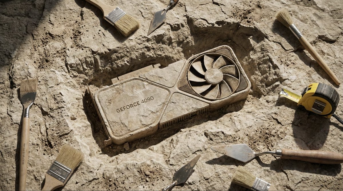 Unearthing ancient AI relics: A concrete flamingo floatie and fossilized GeForce 4090 GPU! Generated with <a href="/higgsfield_ai/">Higgsfield AI 🧩</a> &amp; <a href="/NanoBanana/">Nano Banana 2</a>.
