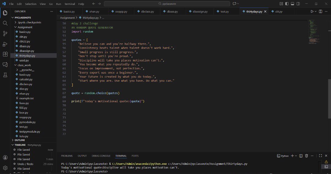 damola_D1's tweet image. Day 2:
Today I continued learning about lists. I learned slicing, negative slicing, and how to sort lists using the sort() and reverse() methods. For today’s consistency challenge, I built a random quote generator , each refresh gives a new quote. #pythonlanguage #sqiict