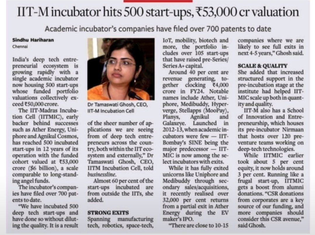 digitalxacademy's tweet image. 💥One Indian Incubator...Infinite Possibilities !

500 Startups with 
₹53,000 Crore Valuation (&amp;gt;6Billion $)
700+ patents

This IITM incubator… has ignited entire nation’s deep-tech revolution?

 🎯 Campus: Being a Startup Nation🇮🇳

12 years of efforts,  a few rooms, a handful…