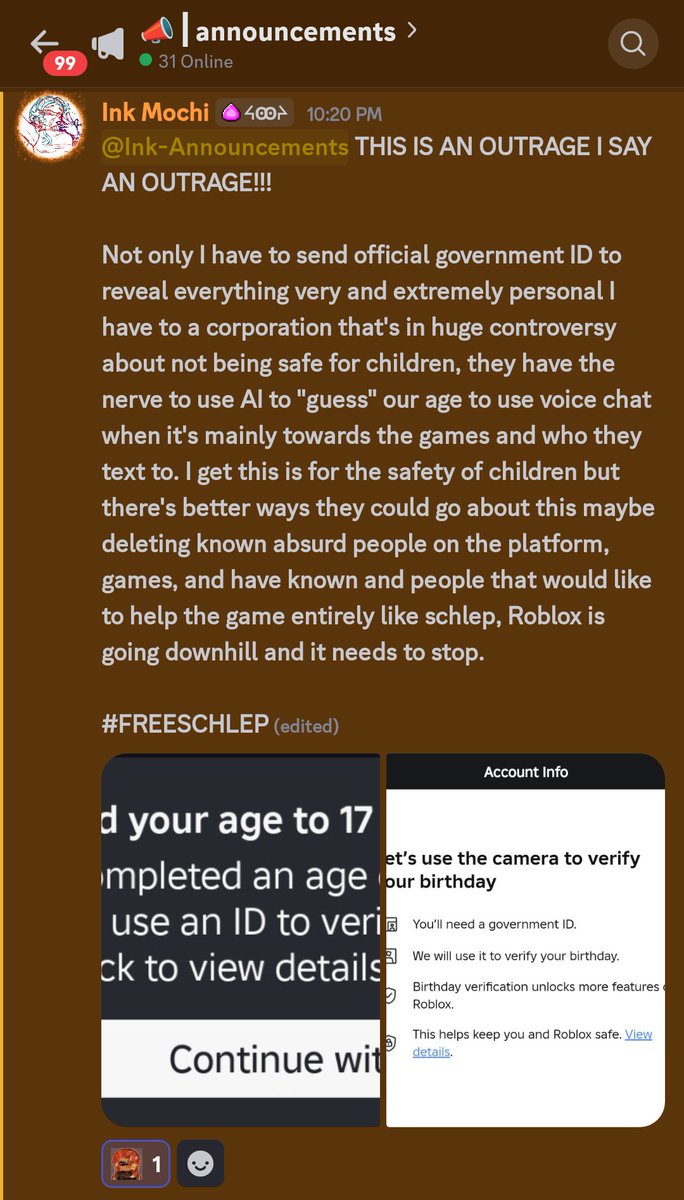 Ink_Nuki's tweet image. Roblox knows what it&apos;s doing and it really needs to stop for the good of the children and there needs to be new management involved ASAP.
P.S. This is not my age, I will reveal to you right now that I am 19 years old being restricted to 17 or under because of my face. #freeschlep