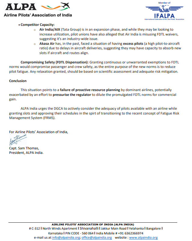 ANI's tweet photo. The situation concerning the recent flight cancellations across India allegedly attributed to pilot shortage due to new Flight Duty Time Limit (FDTL) norms, raises significant questions about the airline's management, regulatory oversight by the DGCA, and market fairness. The core question is whether airlines’ current pilot shortage is due to a failure in planning or a calculated strategy. It is more likely a combination of factors...This situation points to a failure of proactive resource planning by dominant airlines, potentially exacerbated by an effort to pressurise the regulator to dilute the promulgated FDTL norms for commercial gain. ALPA India urges the DGCA to actively consider the adequacy of pilots available with an airline while granting slots and approving their schedules in the spirt of transitioning to the recent concept of Fatigue Risk Management System (FRMS): Airline Pilots’ Association of India,