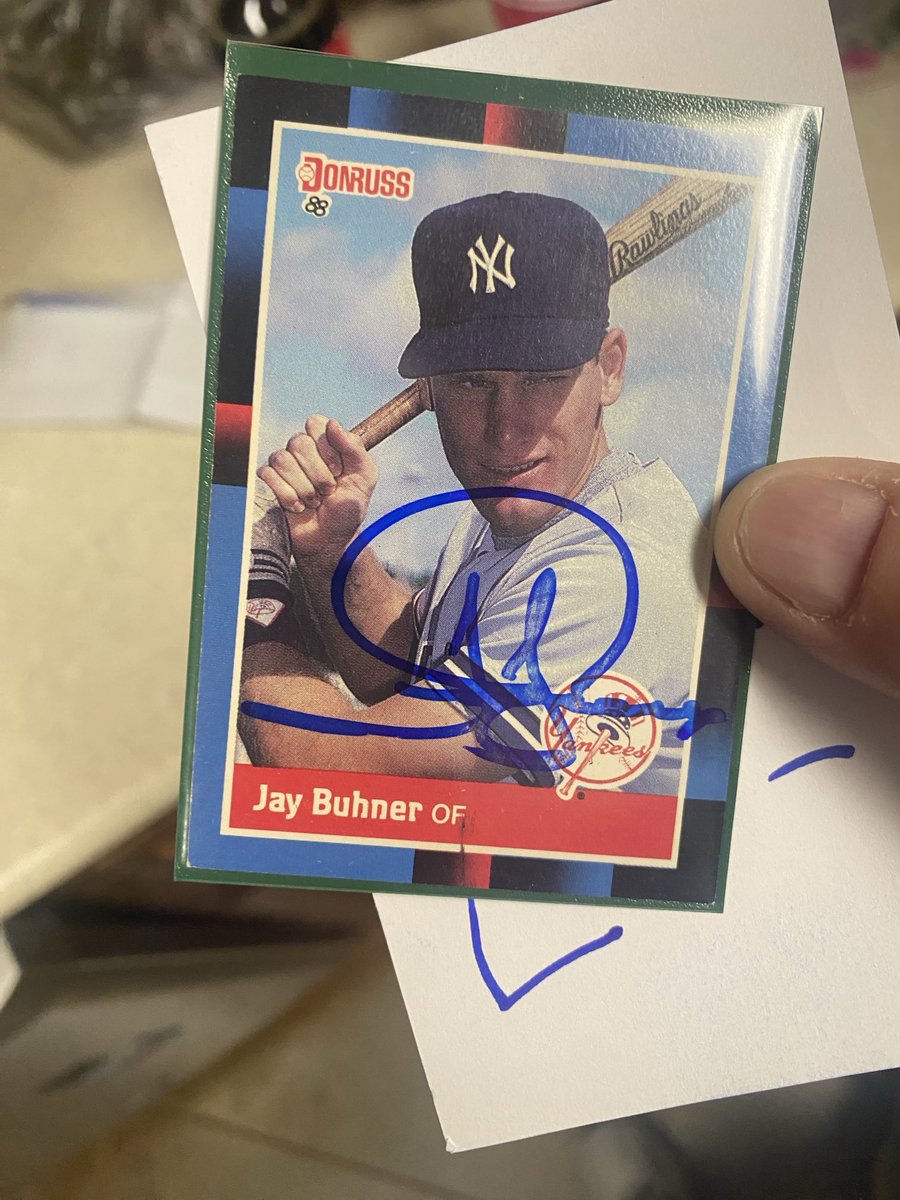 AwkwardLive's tweet image. Stuff I collect! Thanks to Mr. #JayBuhner for signing this #Donruss #BaseballCard for me. #NewYorkYankees #SeattleMariners #CardCollector #Baseball