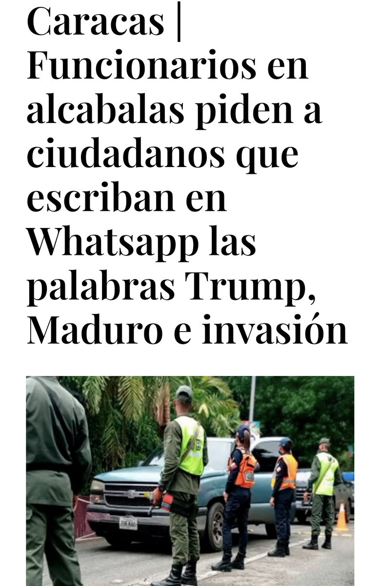 🚨 ¡ÚLTIMA HORA VENEZUELA! 🚨🇻🇪
 
URGENTE — ¡LO ÚLTIMO! 🇻🇪 🇺🇸  —

El régimen Narcoterrorista de Nicolás Maduro ahora intercepta ciudadanos y les piden mostrar sus conversaciones de WhatsApp para saber si apoyan o están en contra del régimen.
