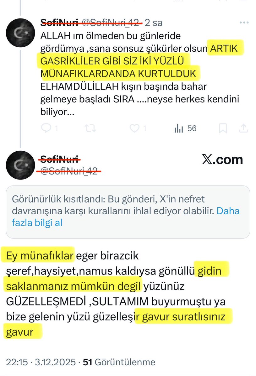 menzilkapisi's tweet photo. SERHENDİLER İÇİN YOLUN SONU(mu) !!!

Üst mercilerinden yeni açıklama geldi.

Dr.Yakup’un yeni aktardığı bilgiye göre (1. Görsel);
Şeyh S.SAKİ, Serhendilere SADECE 2 SEÇENEK SUNUYOR !

Ya MÜNKİRLİK, Ya MÜNAFIKLIK !

Evet Serhendiler;
HANGİSİNİ SEÇECEKSİNİZ !?

Dönüşü çok zor olan bu iki yola girmeden önce,
Son kararınızı vermeden önce;
İyice düşünün.

AKIBETİNİZ, AHİRETİNİZ söz konusu…

AÇIKLAYAYIM !!! ⤵️

1.görseldeki yeni açıklamada özetle,
SİZ SERHENDİLERE ŞUNU DİYORLAR:

‘’Onlar Seyiddir.’’ diyerek;
Serhendileşmemiş Seyidlere, Halifelere, Mürşidlere(ks) KARŞI DURMUYORSANIZ,

‘’Onlar ailedir, barışır.’’ diyerek bu FİTNEYE DAHİL OLMUYORSANIZ,

Sizi Şerhendi davasına İHANET ile suçluyorlar ve sizi MÜNAFIKLIK ile yaftalıyorlar.

Yani, size sadece iki seçenek bırakıyorlar. Ya MÜNKİR olacaksınız, ya MÜNAFIK.

YANİ, Şerhendiler gibi,
Gavsımız Seyid Abdulbaki Hz.’nin (ks) Evlat ve Torunlarına,

Ş.Seyid M.Fettah Hz.’ne,
Ş.Seyid M.Mübarek Hz.’ne,
Seyid M.Emin, Seyid Masum, Seyid İhsan, Seyid Galip, Seyid Nafi Seyidlerimize;

HIRSIZ, YEZİDİ, FETÖ’cü, demezseniz, 

Onları NETANYAHU’dan aşağı görmezseniz (haşa);

Şerhendilere göre tarafsız MÜNAFIKLARSINIZ. 

Der misiniz böyle, Önceki Mürşidinizin Evlatlarına !?
Derseniz, Ahirette yüzüne bakabilir misiniz Gavsımızın (ks) !?
Bitmedi…

Ayrıca; Sultanımız Seyid Muhammed Raşid Hz.’nin (ks) Evlatlarına,

Ş.Seyid Fevzeddin Hz.’ne(ks)
Gavsı Sakaleyn Hz. halifesi Seyid Taceddin Hz.’ne,
Seyid Mazhar Seydimize;

GAVS-BABA DÜŞMANI, HAİN, demezseniz (haşa),
Şerhendilere göre yine MÜNAFIKSINIZ.

Der misiniz böyle, Sultan Hazretleri’nin (ks) Evlatlarına !?
Derseniz Ahirette yüzüne bakabilir misiniz !?

Peki;
Yine kimi Şerhendiler gibi;
Şeyh Molla Nezir, Molla Şeymus Hz.’nin, çıkar için ilmini sattığını, şeriattan taviz verdiğini mi düşünüyosunuz !?

Ya da Vefalı Kasrikliler, sizce de HAİN mi ?
Peki, Şeyh Feyzullah Konyevi Hz. Hain mi !? (haşa)

Tüm bu sorulara Cevabınız ‘’EVET’’ ise;

SERHENDİLER, yazık ettiniz kendinize, MÜNKİRLERDEN oldunuz.

Yok, bu sorulara Cevabınız ‘’HAYIR’’ ise;
SERHENDİLER, Şeyhinize göre MÜNAFIKLARDAN oldunuz.

Şerhendi olmayan Serhendiler, çıkmaza düştü gibi duruyor.

Ancak 3. BİR SEÇENEK daha var….

GELİN, ne münkir olun, ne de sizi münafık görenlerin ardında olun…

GELİN, ‘’Halim, Sabır, Mazlum olmak lazım’’ Diyenin(ks) yolunda, meşrebinde olun…

GELİN, ‘’Salihlerle, beraber olun.’’

Kaldırın gözünüze inen perdeyi.

Geçmişte örneği var bilirsiniz;
KİBRİN, ayağını KAYDIRDIĞI sofiler de, alimler de, hallifeler de, şeyhler de olmuştur.

Geçmişte olan, Ahir zamanda olamaz mı !?

BİR BAKIN,
Kim size ne öğütlüyor !?
Kim sizi neye, nereye sürüklüyor !?
Kim sizi neyle tehdit ediyor !?

Ayağı kayanların ardından gitmeyin ki, düştükleri UÇURUMA sizi çekemesinler…

ALLAH İÇİN DÜŞÜNÜN !!!

Geçmişinizi bir düşünün !

SÖYLEYİN !!!
O PAK NESLİN, biri hariç hepsi YEZİDİ, HIRSIZ ve FETÖ’cü mü oldu !!! (haşa)

Vicdanınıza sorun da söyleyin…