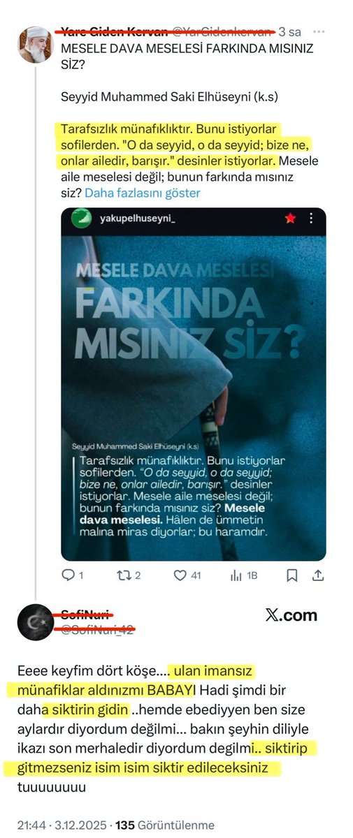 menzilkapisi's tweet photo. SERHENDİLER İÇİN YOLUN SONU(mu) !!!

Üst mercilerinden yeni açıklama geldi.

Dr.Yakup’un yeni aktardığı bilgiye göre (1. Görsel);
Şeyh S.SAKİ, Serhendilere SADECE 2 SEÇENEK SUNUYOR !

Ya MÜNKİRLİK, Ya MÜNAFIKLIK !

Evet Serhendiler;
HANGİSİNİ SEÇECEKSİNİZ !?

Dönüşü çok zor olan bu iki yola girmeden önce,
Son kararınızı vermeden önce;
İyice düşünün.

AKIBETİNİZ, AHİRETİNİZ söz konusu…

AÇIKLAYAYIM !!! ⤵️

1.görseldeki yeni açıklamada özetle,
SİZ SERHENDİLERE ŞUNU DİYORLAR:

‘’Onlar Seyiddir.’’ diyerek;
Serhendileşmemiş Seyidlere, Halifelere, Mürşidlere(ks) KARŞI DURMUYORSANIZ,

‘’Onlar ailedir, barışır.’’ diyerek bu FİTNEYE DAHİL OLMUYORSANIZ,

Sizi Şerhendi davasına İHANET ile suçluyorlar ve sizi MÜNAFIKLIK ile yaftalıyorlar.

Yani, size sadece iki seçenek bırakıyorlar. Ya MÜNKİR olacaksınız, ya MÜNAFIK.

YANİ, Şerhendiler gibi,
Gavsımız Seyid Abdulbaki Hz.’nin (ks) Evlat ve Torunlarına,

Ş.Seyid M.Fettah Hz.’ne,
Ş.Seyid M.Mübarek Hz.’ne,
Seyid M.Emin, Seyid Masum, Seyid İhsan, Seyid Galip, Seyid Nafi Seyidlerimize;

HIRSIZ, YEZİDİ, FETÖ’cü, demezseniz, 

Onları NETANYAHU’dan aşağı görmezseniz (haşa);

Şerhendilere göre tarafsız MÜNAFIKLARSINIZ. 

Der misiniz böyle, Önceki Mürşidinizin Evlatlarına !?
Derseniz, Ahirette yüzüne bakabilir misiniz Gavsımızın (ks) !?
Bitmedi…

Ayrıca; Sultanımız Seyid Muhammed Raşid Hz.’nin (ks) Evlatlarına,

Ş.Seyid Fevzeddin Hz.’ne(ks)
Gavsı Sakaleyn Hz. halifesi Seyid Taceddin Hz.’ne,
Seyid Mazhar Seydimize;

GAVS-BABA DÜŞMANI, HAİN, demezseniz (haşa),
Şerhendilere göre yine MÜNAFIKSINIZ.

Der misiniz böyle, Sultan Hazretleri’nin (ks) Evlatlarına !?
Derseniz Ahirette yüzüne bakabilir misiniz !?

Peki;
Yine kimi Şerhendiler gibi;
Şeyh Molla Nezir, Molla Şeymus Hz.’nin, çıkar için ilmini sattığını, şeriattan taviz verdiğini mi düşünüyosunuz !?

Ya da Vefalı Kasrikliler, sizce de HAİN mi ?
Peki, Şeyh Feyzullah Konyevi Hz. Hain mi !? (haşa)

Tüm bu sorulara Cevabınız ‘’EVET’’ ise;

SERHENDİLER, yazık ettiniz kendinize, MÜNKİRLERDEN oldunuz.

Yok, bu sorulara Cevabınız ‘’HAYIR’’ ise;
SERHENDİLER, Şeyhinize göre MÜNAFIKLARDAN oldunuz.

Şerhendi olmayan Serhendiler, çıkmaza düştü gibi duruyor.

Ancak 3. BİR SEÇENEK daha var….

GELİN, ne münkir olun, ne de sizi münafık görenlerin ardında olun…

GELİN, ‘’Halim, Sabır, Mazlum olmak lazım’’ Diyenin(ks) yolunda, meşrebinde olun…

GELİN, ‘’Salihlerle, beraber olun.’’

Kaldırın gözünüze inen perdeyi.

Geçmişte örneği var bilirsiniz;
KİBRİN, ayağını KAYDIRDIĞI sofiler de, alimler de, hallifeler de, şeyhler de olmuştur.

Geçmişte olan, Ahir zamanda olamaz mı !?

BİR BAKIN,
Kim size ne öğütlüyor !?
Kim sizi neye, nereye sürüklüyor !?
Kim sizi neyle tehdit ediyor !?

Ayağı kayanların ardından gitmeyin ki, düştükleri UÇURUMA sizi çekemesinler…

ALLAH İÇİN DÜŞÜNÜN !!!

Geçmişinizi bir düşünün !

SÖYLEYİN !!!
O PAK NESLİN, biri hariç hepsi YEZİDİ, HIRSIZ ve FETÖ’cü mü oldu !!! (haşa)

Vicdanınıza sorun da söyleyin…