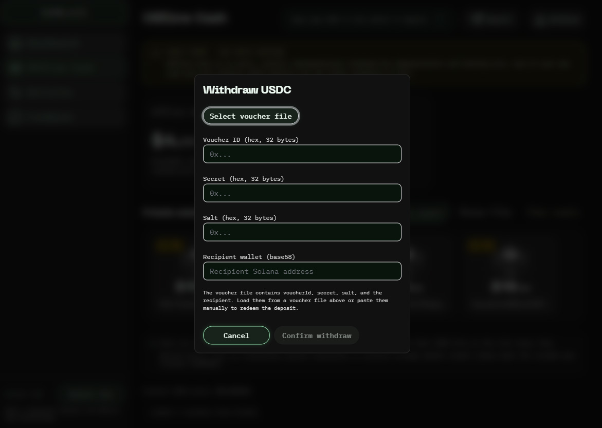 ZeraLabs's tweet image. When you’re ready to go back on-chain:

1️⃣ Load voucher file:
Selecting a voucher JSON auto-fills all fields (voucherID, secret, salt, recipient), which is the safest way to withdraw.

2️⃣ Confirm withdraw:
The app builds the transaction, and the on-chain nullifier set ensures the…