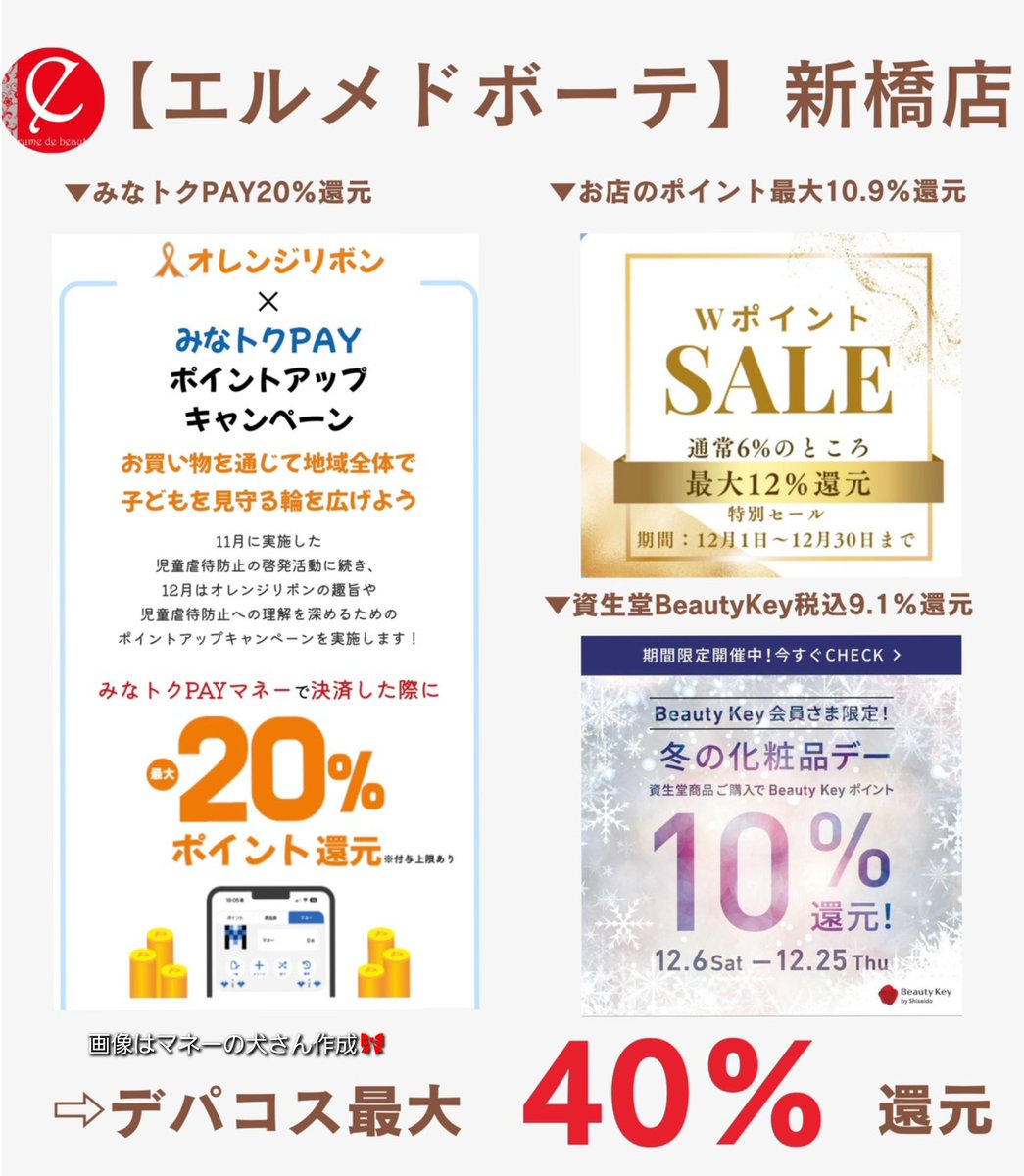 __yuaxxyua's tweet photo. エルメドボーテ(@de_erume)コラボ企画🧑‍🎄🎄デパコス最大40%還元！12月エルメドボーテでのお買い物がお得すぎる🥹💘今回のコラボ内容はこの投稿のリポスト画面提示+みなトクPAYでの支払いで福引き2倍引けます！！特賞は2万㌽当たる🥺✨(12/6から抽選スタンプ押印スタート)
※最大40%還元内訳：みなトクPAY払い最大20%+資生堂ビューティーキー㌽9.1%還元+エルメドボーテ独自の㌽カード最大10.9%還元。詳細は画像みてね🎀リポストはマネーの犬さん(@ourmoneybook)の投稿でもOK🐶♡