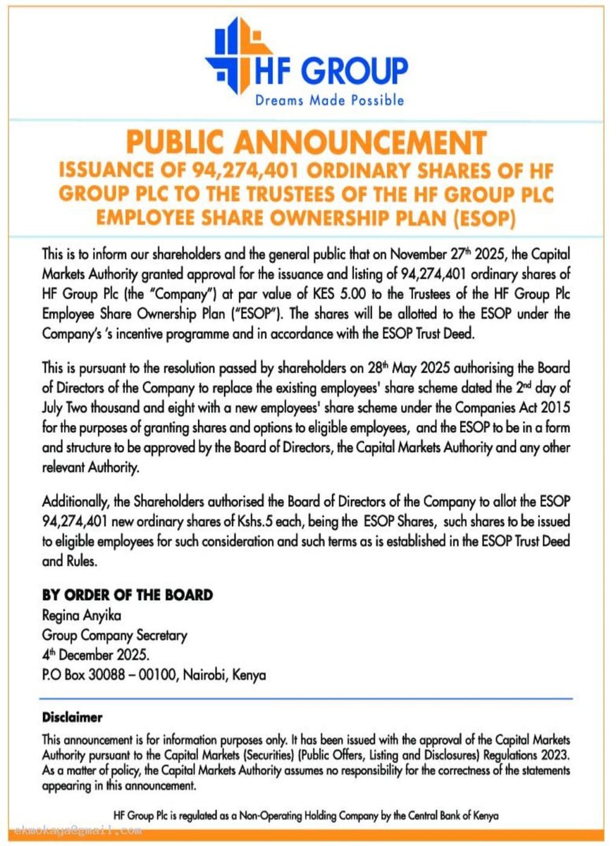 7. HF Group received CMA approval to issue and list 94.27M new ordinary shares (par value KES 5) to its Employee Share Ownership Plan.