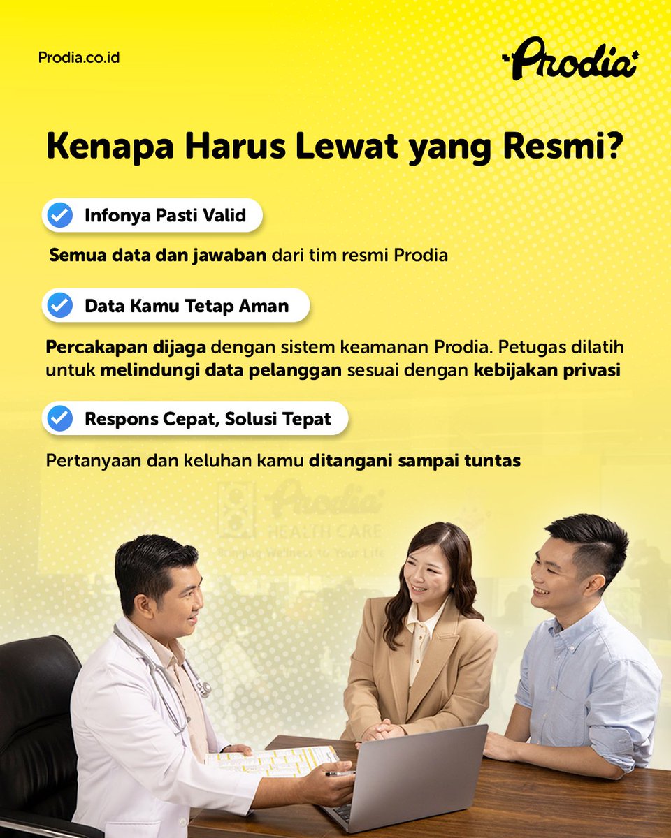 🔔 Jangan salah hubungi!
Di era banyaknya pesan dan tawaran yang nggak jelas asal-usulnya, penting banget buat pastikan kamu hanya menerima info yang resmi, aman, dan akurat dari Prodia. ✨

Biar nggak salah langkah, ingat ya Sahabat Prodia:

🚨 Hati-hati kalau kamu menerima