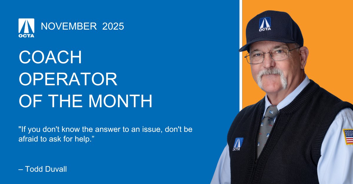 RideOCBus's tweet image. Congratulations to Todd Duvall, our Coach Operator of the Month in November. Todd supports Operations Training as a Behind-the-Wheel Instructor. He participated in Service Animal Training and Sheriff’s Department SWAT Training and served as a member of the 2025 Roadeo Team.