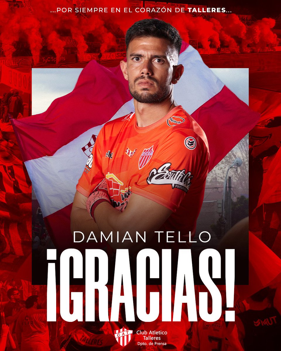 ClubTalleresOk's tweet photo. ¡¡¡GRACIAS POR TODO, LOCO!!! 👐

Damián Tello continuará su carrera en el exterior

Excelente persona y gran profesional, cuenta con el record de valla invicta histórica de Talleres y tendrá siempre un lugar en nuestros corazones ❤

¡Que sea un "hasta luego" @TelloDamian! https://t.co/INIM3kV2rQ
