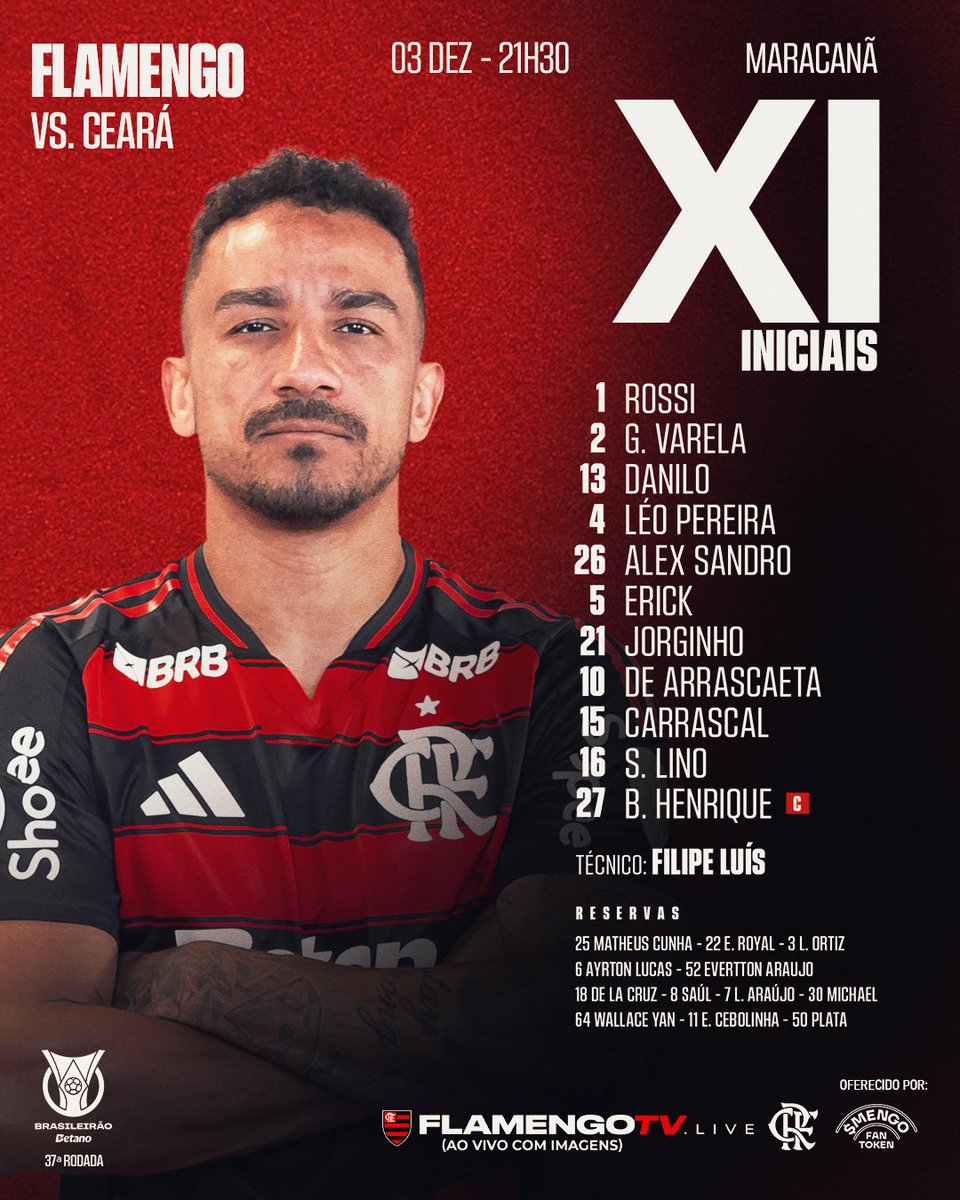 Flamengo's tweet image. NOSSO TIME É A GENTE EM CAMPO! Confira a #escalação do Flamengo para enfrentar o Ceará, pelo Brasileirão! 

#FLAxCEA