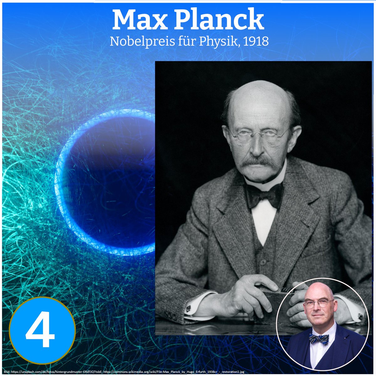Tag 4 meines Adventskalenders: 

Max Planck begründete die Quantenphysik, eine der bedeutendsten wissenschaftlichen Revolutionen des 20. Jahrhunderts. Seine Quantentheorie veränderte das Verständnis von Energie und Materie grundlegend. 1918 wurde ihm dafür der Nobelpreis für