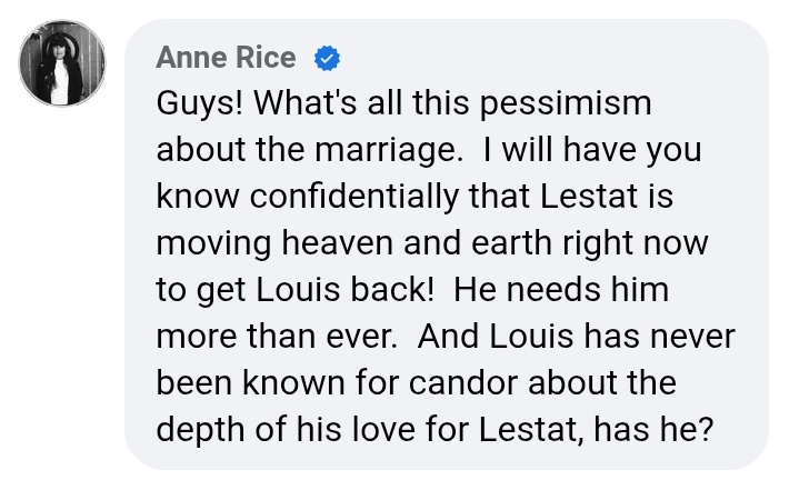 suikamelon6's tweet photo. From #AnneRice herself:
1. Louis loves Lestat and vice versa
2. Lestat and Louis' wedding
3. Lestat's sexuality - BI
From the other 12 #VampireChronicles books that you'd not bothered to read, Louis and Lestat are #endgame, literal Prince and Prince Consort of the Vampire court. https://t.co/vC1sZHbHOv