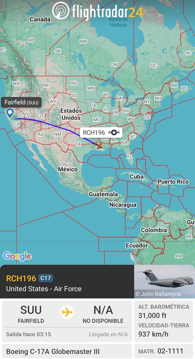 Arrest_Maduro's tweet image. 🇺🇲U.S. Air Force C-17A Globemaster III, reg. 02-1111, hex #AE117D, código de llamada RCH196, procedente de Travis AFB y con destino a Santo Domingo, República Dominicana🇩🇴. Tercer vuelo del día procedente de Travis AFB.
