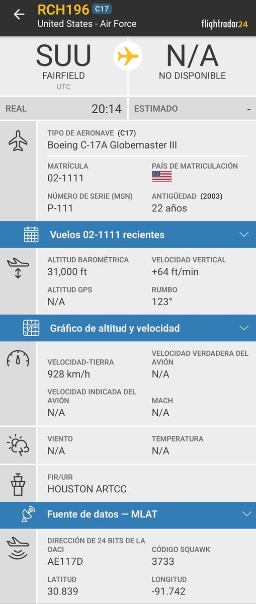 Arrest_Maduro's tweet image. 🇺🇲U.S. Air Force C-17A Globemaster III, reg. 02-1111, hex #AE117D, código de llamada RCH196, procedente de Travis AFB y con destino a Santo Domingo, República Dominicana🇩🇴. Tercer vuelo del día procedente de Travis AFB.
