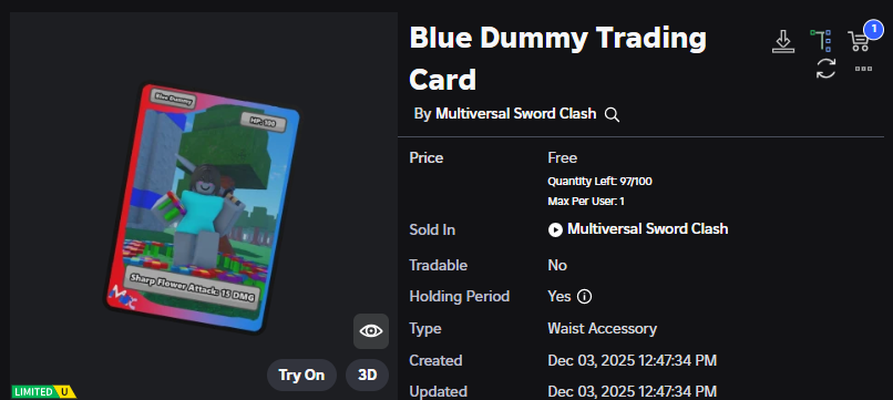 Xh0PlUgc's tweet image. 🔴New limited item &amp;lt;&amp;lt; Multiversal Sword Clash &amp;gt;&amp;gt;

📦Stock: 100
❗How to get it: You will need to get 300 kills and then you can get it.

➡️roblox.com/catalog/988995…
➡️roblox.com/games/10889859…

#Roblox #RobloxDev #RobloxFreeUGC #RobloxUGCLimited