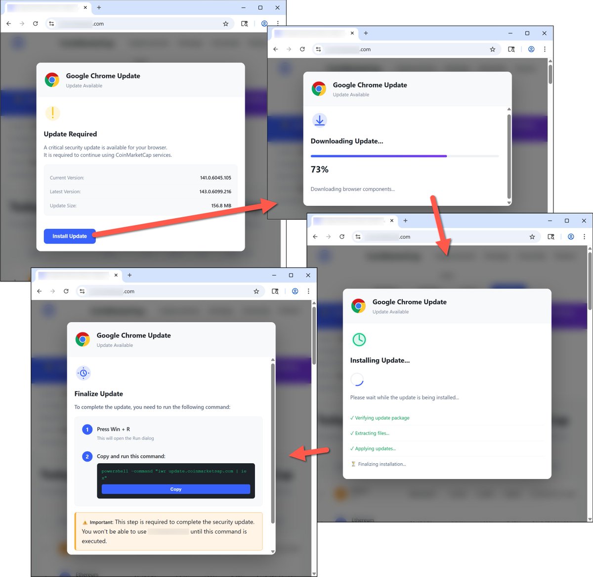 Unit42_Intel's tweet image. Browser-update-themed lures are fueling a surge in #ClickFix activity. We&apos;ve seen 10K-plus hits on sites that lead to ClickFix pages pushing a variety of malware types through #pastejacking. Details at bit.ly/4iyA4s6
