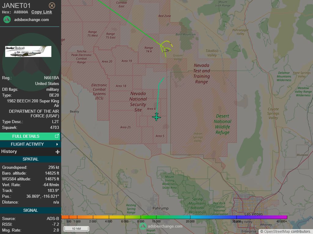 IntelskyB's tweet image. 🇺🇸 ✈️ United States Air Force - 1982 BEECH 200 Super King Air (A8B80A, N661BA) JANET01 was spotted over 🇺🇸 Nye County - United States.
🔴 Live tracking:
1-global.adsbexchange.com/?icao=A8B80A
2-flightradar24.com/A8B80A
3-airnavradar.com/mode-s/A8B80A
#OSINT #SIGINT #ADSB