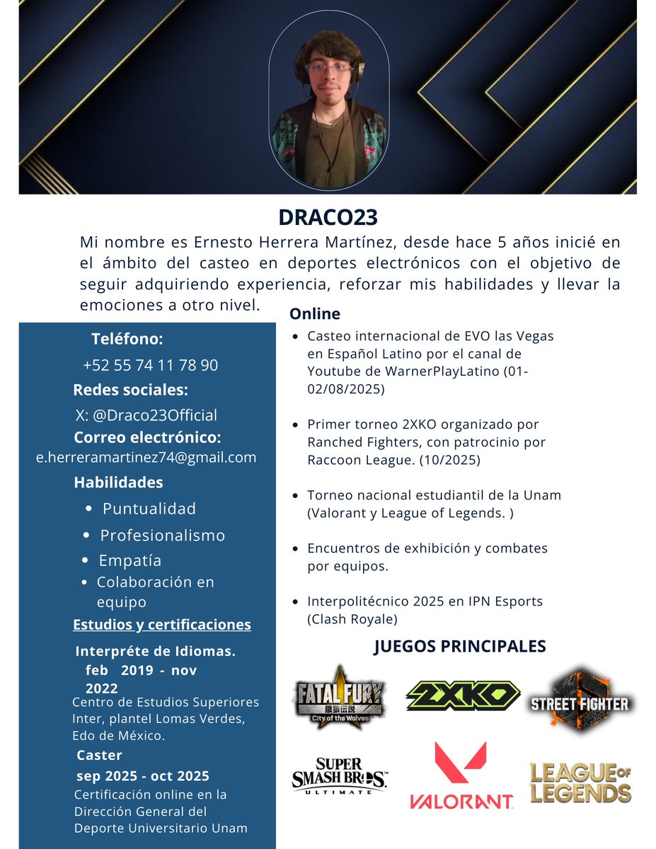 Ya están publicados todos mis demo reels, así que presento oficialmente mi nuevo CV como caster certificado.

Mi agenda para cotizaciones y proyectos está abierta.
Quedo a sus órdenes para cualquier consulta.
¡Gracias por su atención y difusión!