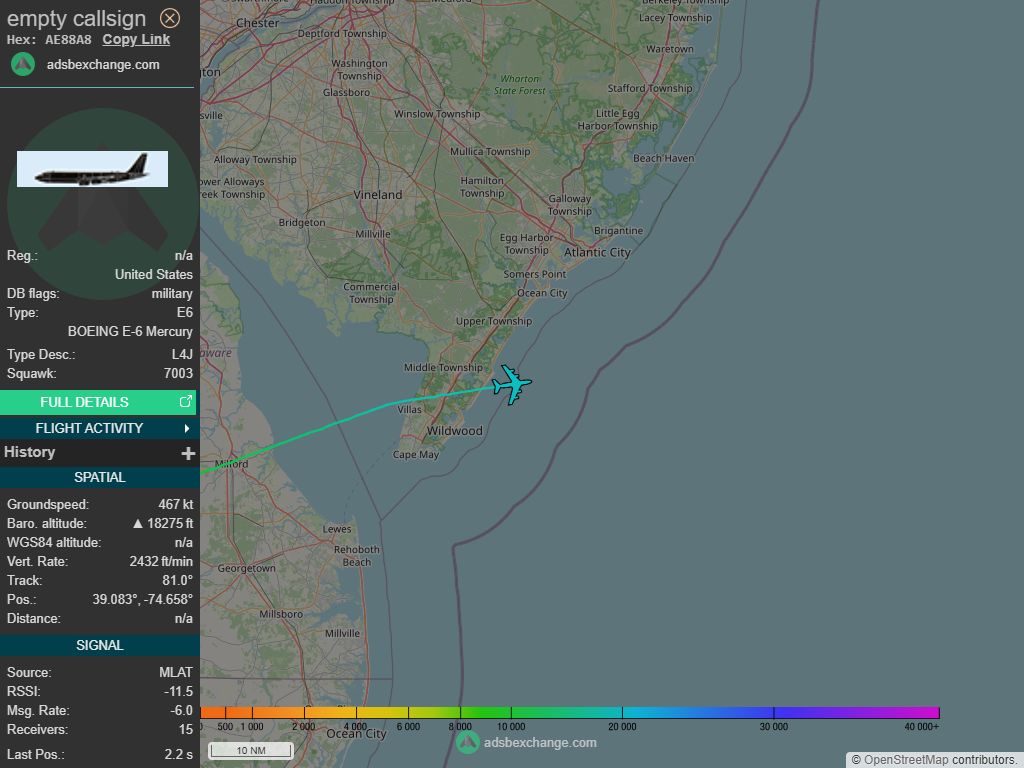 IntelskyB's tweet image. 🇺🇸 ✈️ United States Air Force - BOEING E-6 Mercury (AE88A8, n) callsign was spotted over 🇺🇸 Cape May - United States.
🔴 Live tracking:
1-global.adsbexchange.com/?icao=AE88A8
2-flightradar24.com/AE88A8
3-airnavradar.com/mode-s/AE88A8
#OSINT #SIGINT #ADSB