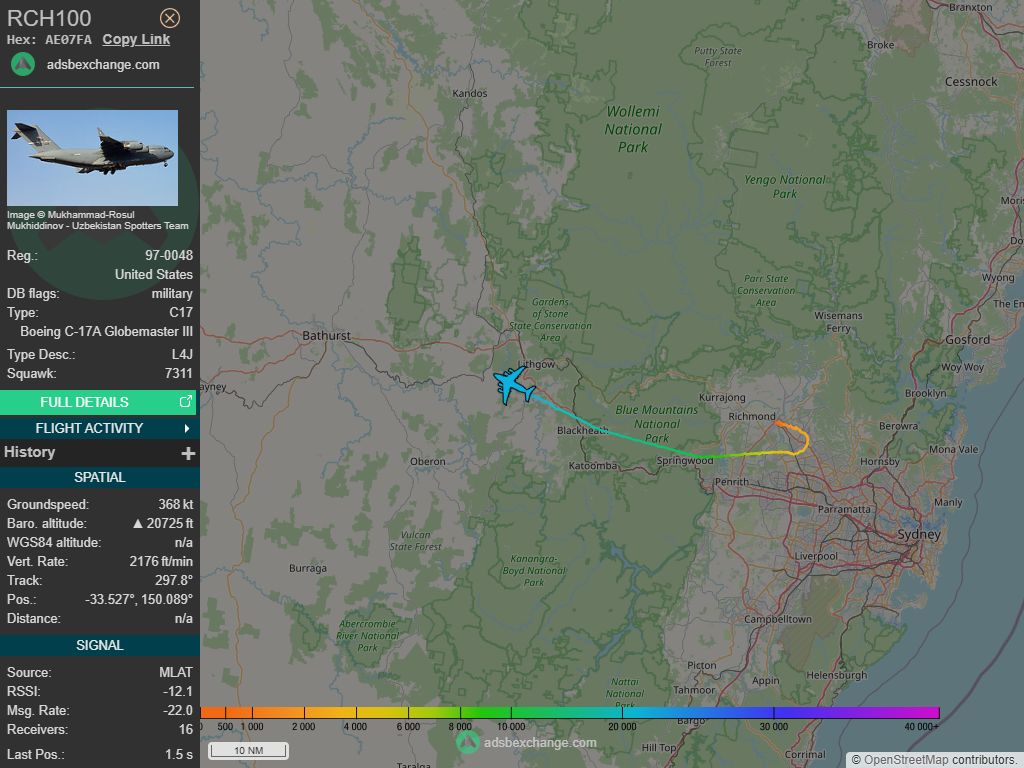 IntelskyB's tweet image. 🇺🇸 ✈️ United States Air Force - Boeing C-17A Globemaster III (AE07FA, 97-0048) RCH100 was spotted over 🇦🇺 Lithgow - Australia.
🔴 Live tracking:
1-global.adsbexchange.com/?icao=AE07FA
2-flightradar24.com/AE07FA
3-airnavradar.com/mode-s/AE07FA
#OSINT #SIGINT #ADSB