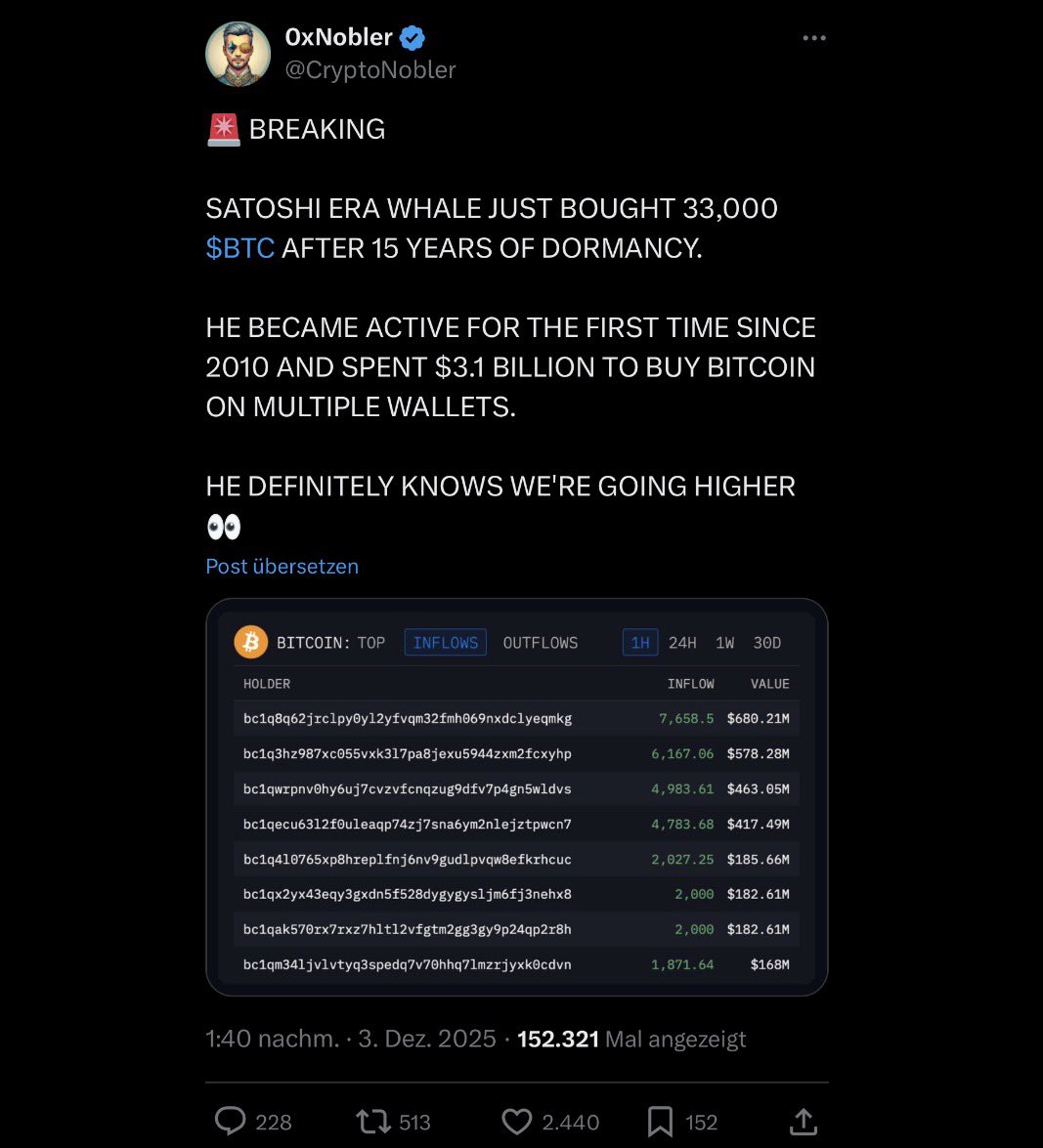 RobynHD's tweet photo. Mich haben wieder einige PN zur Meldung „Satoshi Era Whale kauft 33.000 BTC“-Story erreicht.

Und wer hätte es gedacht, sie ist BS.

Die im Screenshot gezeigten Adressen sind bc1…-SegWit-Adressen; die gibt es erst seit 2017. Wenn man etwas überlegt, dann klingt es auch komisch, dass ein 2010er war auf einmal aufwacht und sich denkt es sei gut nahe des Tops nochmal 3 Milliarden rein zu buttern.

Die erste Adresse auf dem Screenshot ist zudem als Robinhood-Adresse getaggt, also ein Custody/Exchange-Wallet, kein einzelner OG-Whale.

Was wirklich passiert ist: Eine alte Miner-Wallet aus 2010 hat nach über 15 Jahren rund 50 BTC bewegt. Punkt. Kein nachweisbarer 33.000-BTC-Kauf, keine 3,1. Mrd fresh money, nur normale On-Chain-Bewegungen, die dann von Schlagzeil-Geilen-Creatoren aufgeblasen wurden.

Lasst euch nichts erzählen. Gute Nacht.
