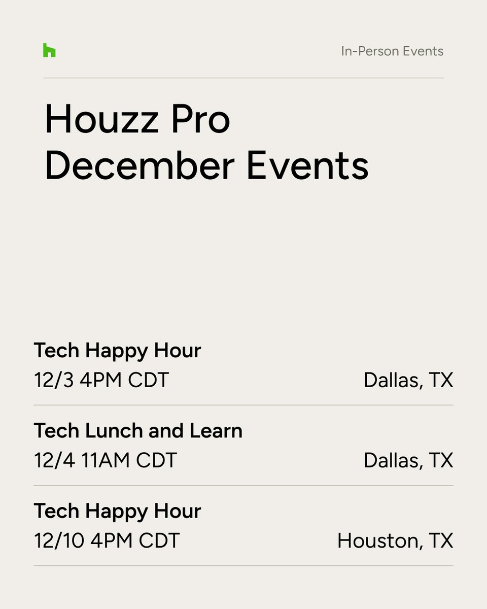 houzzpro's tweet image. Connect with your community and learn the latest industry tips and trade secrets to grow your business. Join us for Houzz in-person events this December.bit.ly/49QmYnV 

#HouzzPro #HouzzEvents #ProCommunity #IndustryTips