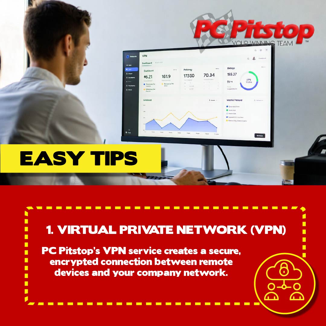 pcpitstopaus's tweet image. 1. Virtual Private Network (VPN) PC Pitstop&apos;s VPN service creates a secure, encrypted connection between remote devices and your company network.