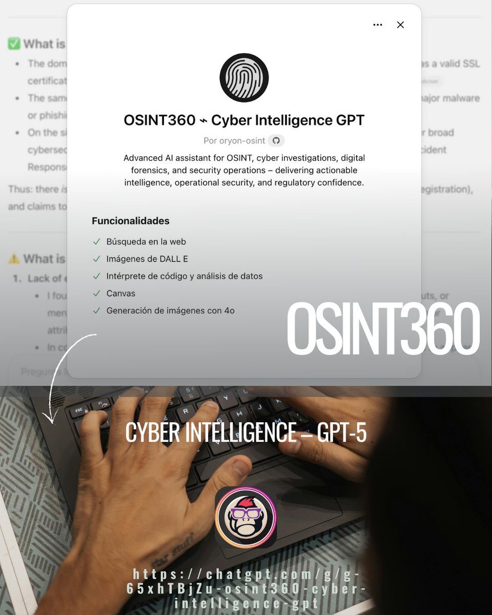 EsGeeks's tweet photo. OSINT360-GPT es tu copiloto IA para OSINT y DFIR. Ejecuta playbooks, enriquece IOCs y mapea TTPs con MITRE ATT&amp;CK directamente desde un chat para acelerar tus investigaciones.

Link: https://t.co/NFrYSOkzQ8

🕵️‍♂️🧠 #OSINT360 #IA #AI #ChatGPT #Ciberseguridad #HackingEtico #OSINT https://t.co/poqc5MgiFO