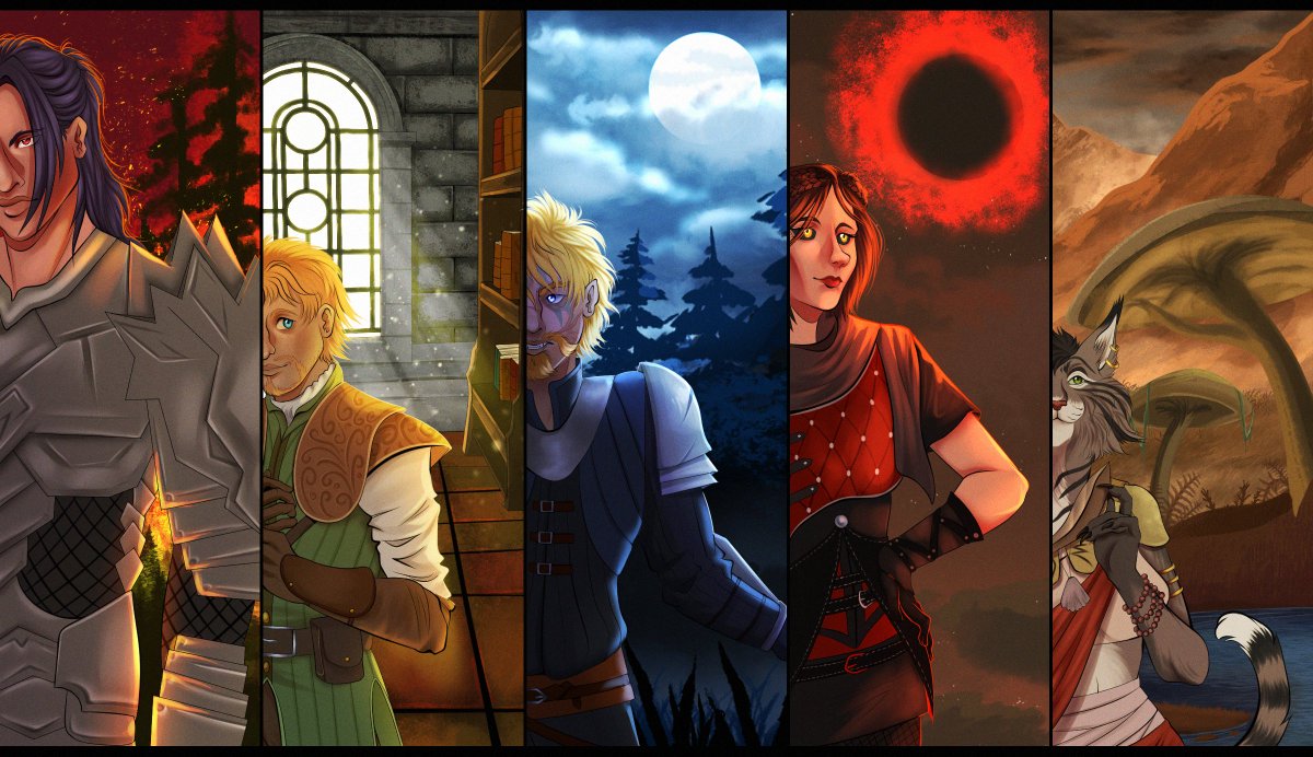 23daemon's tweet image. Callum and the main companions he travels with - Kaiden, Lucien, Serana, and Ma'kara

Most of them except Serana are modded followers. I find them more compelling than really any vanilla companion. Kaiden is his husband and Lucien his best friend.

#elderscrolls #oc #skyrim