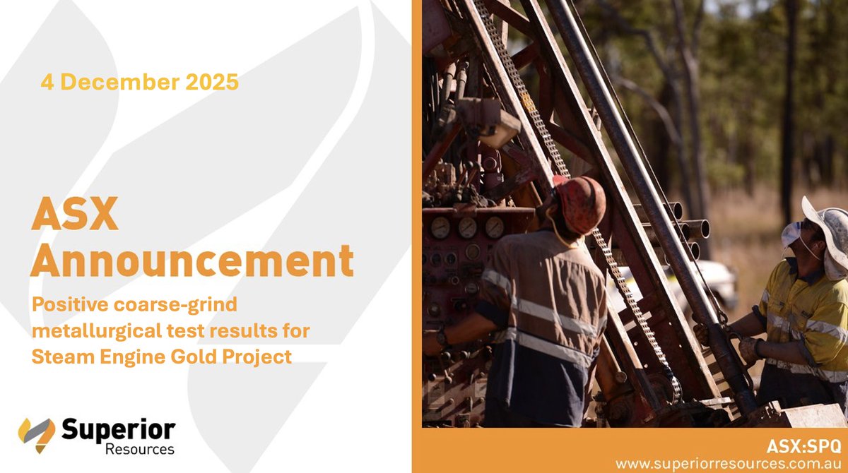 Superior_Res's tweet photo. #ASX announcement: Positive coarse-grind metallurgical test results for Steam Engine Gold Project: https://t.co/NJsxU5uZQY $SPQ https://t.co/OMy7asKgUP