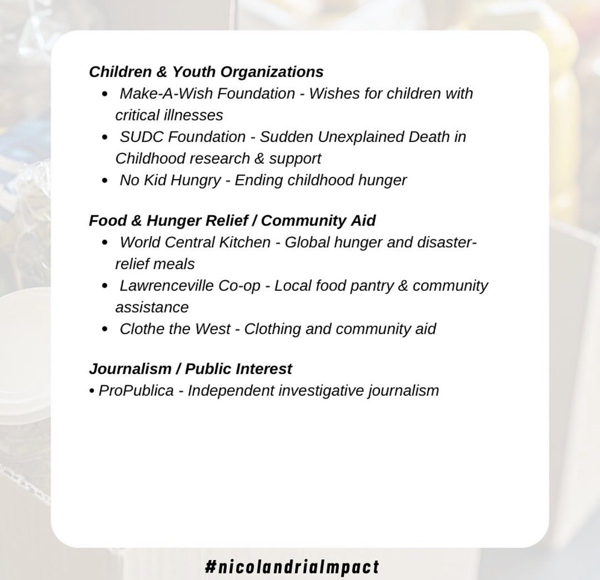 NicolandriaComm's tweet photo. We asked and you delivered! Swipe to see some of the causes our Nicolandria community cares about.

⏰ We’re approaching #nicolandriaimpact weekend, Dec 12-14. How will you show your impact? 🌎💫 https://t.co/MTfH8h8pY8