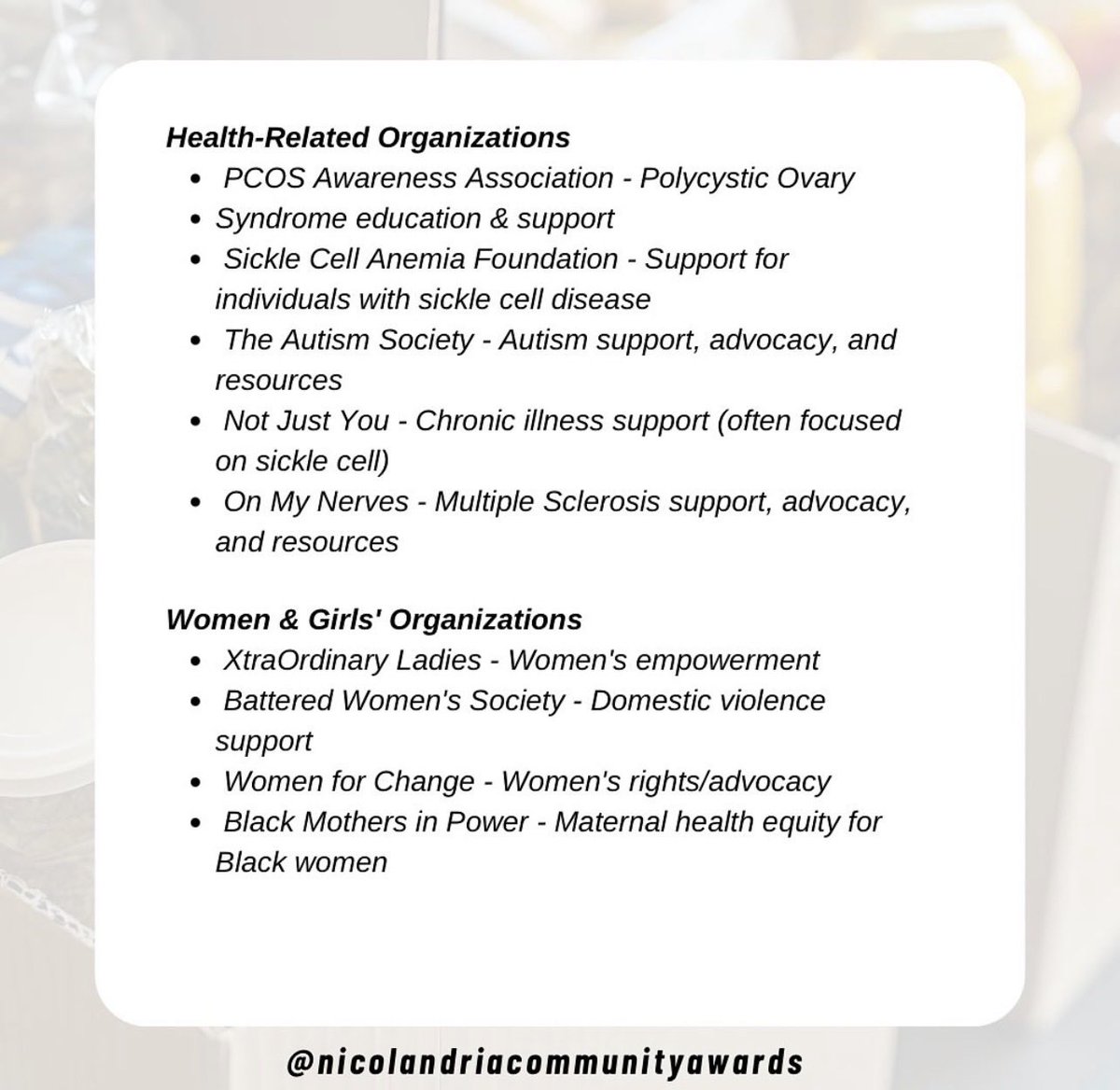 NicolandriaComm's tweet photo. We asked and you delivered! Swipe to see some of the causes our Nicolandria community cares about.

⏰ We’re approaching #nicolandriaimpact weekend, Dec 12-14. How will you show your impact? 🌎💫 https://t.co/MTfH8h8pY8