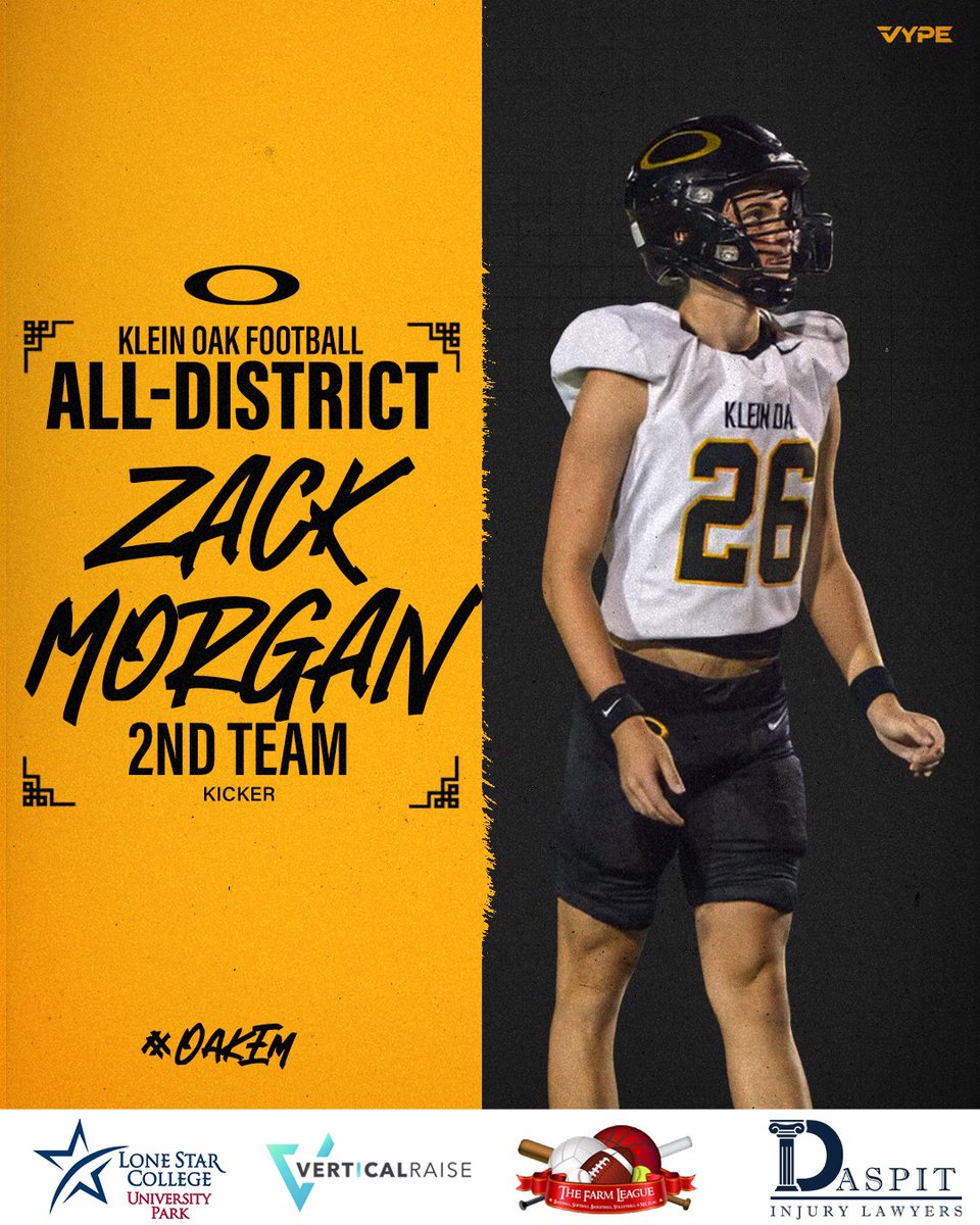 KLEINOAKFB's tweet image. KICKER🦵

Congrats to @_ZacharyMorgan on receiving 2nd Team All-District honors!

#OakEm #thecOde