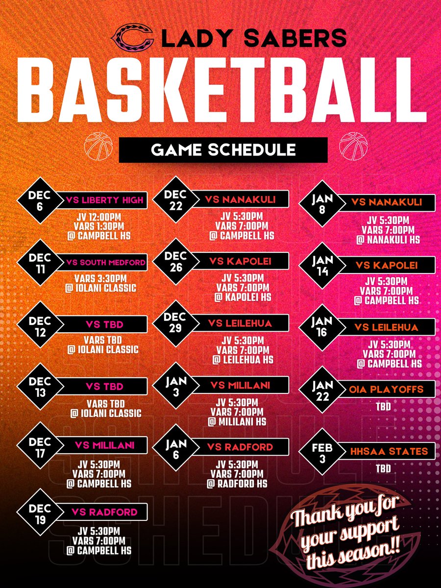 Here’s our remaining season schedule 🏀 LET’S GO LADY SABERS!!!! <a href="/JaynalynSotelo1/">Jaynalyn Sotelo</a> <a href="/CaydenParado_12/">Cayden Parado</a> <a href="/makana_kamakz/">Makana Kamakeeaina</a> <a href="/AieshaDeWeever/">Aiesha DeWeever</a> <a href="/KamaiLei11/">Kamai Lei Ringor</a>