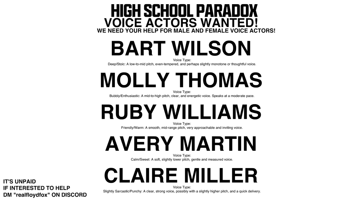 🎙️ HIGH SCHOOL PARADOX is casting! We're looking for voice actresses to bring our heartfelt characters to life—with warmth, wit, and wonder. Unpaid passion project. ✨ We want you to help. Apply: floydfox846@gmail.com 🔗 castingcall.club/projects/high-…
#CastingCall #VoiceActing