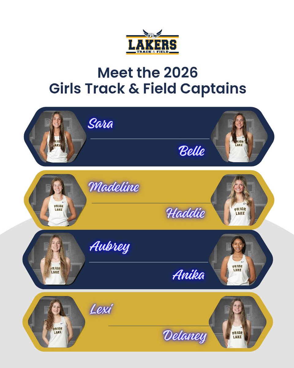 GirlsPLTF's tweet image. Announcing the girls track captains for this spring season! 

2026 Captains💙💛
•Madeline Chappuis 
•Lexi Teske
•Sara Gastony 
•Belle Reinders
•Aubrey Thoms 
•Haddie MacGillivray 
•Anika Campbell 
•Delaney Holz 

#goLakers #weareOneTeam