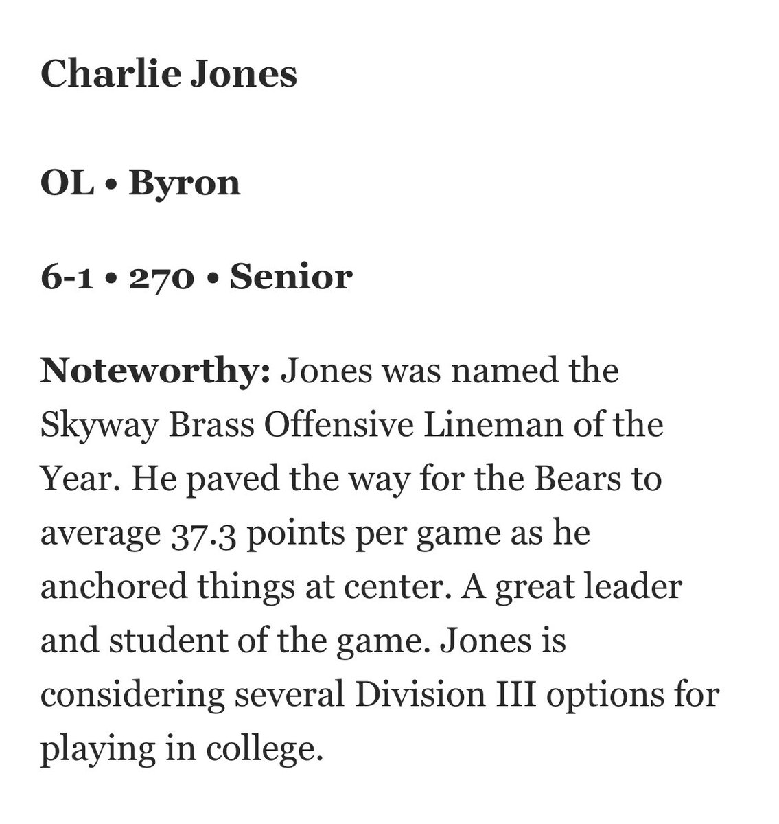 I’m grateful to have made the <a href="/Sports_PB/">Post-Bulletin Sports</a> First Team Offense all-area as an O-Linemen. I’m also thankful to have earned section 1 4a all-district Offensive Linemen of the year for the second year in a row❗️
<a href="/ByronMNFootball/">Byron Bears Football</a>
<a href="/CoachHalder/">Ben Halder</a>