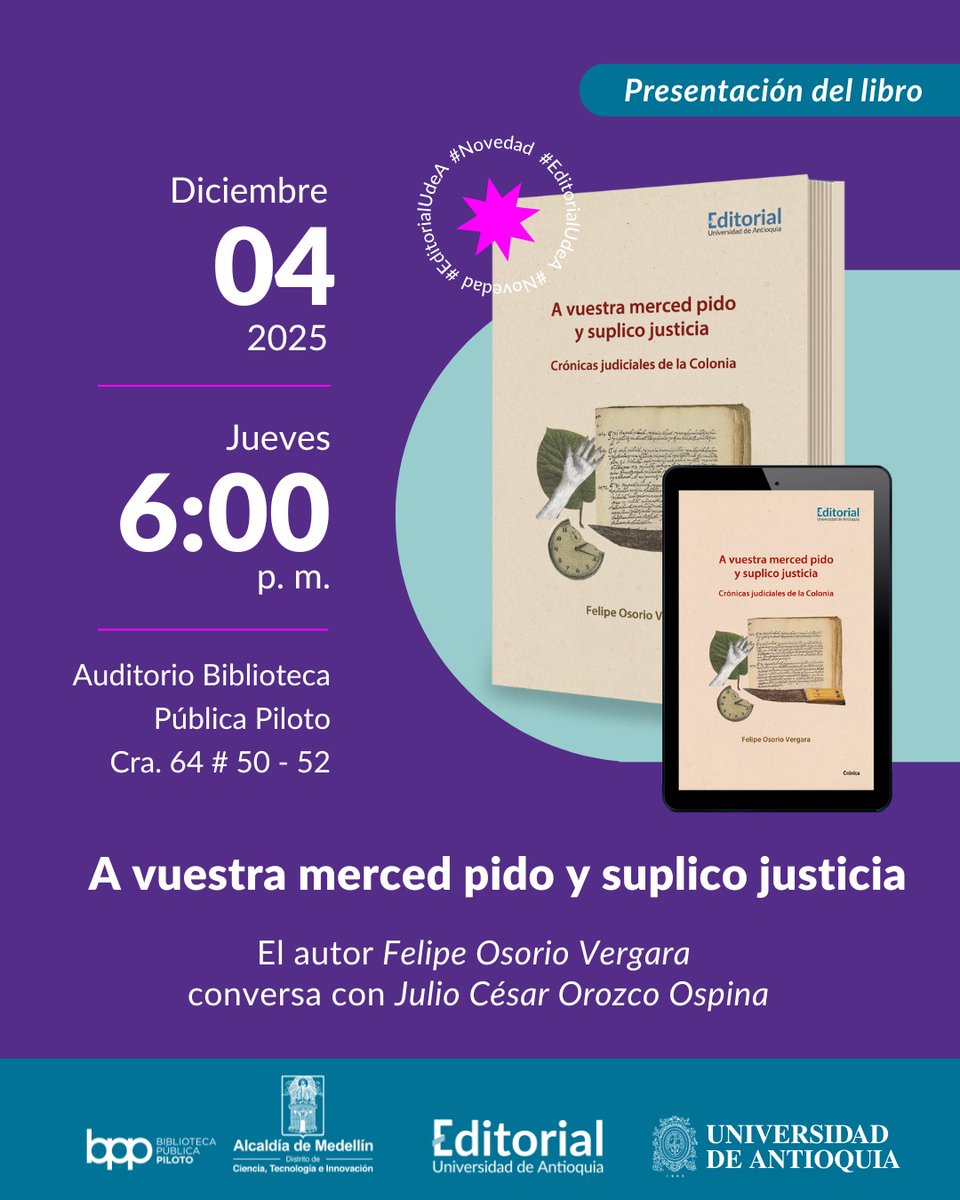 UniversoCentro's tweet photo. #RecomendadoUC
@felipeosoriove se ha dedicado a esculcar archivos judiciales de siglos pasados. Crónicas como “Las yerbas de Ana”, “El ‘diablo’ barequero” o “Cuando Dios se sirva de llevarme”, publicadas en nuestras páginas, revelan diferencias notables entre lo que hoy se puede considerar como tradición y que antes se condenaba con rígidas sentencias.

Este jueves 4 de diciembre, Felipe presentará su libro “A vuestra merced pido y suplico justicia. Crónicas judiciales de la Colonia”. La cita es en la @BPPiloto a las 6:00 p.m. y la entrada es libre.