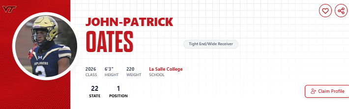 PRZVicCastillo's tweet image. LaSalle College HS's @JP27Oates has officially signed with #VirginiaTech. #NSD2026 

2026 PA Recruit #22 OVR - #1 TE/LB

I remember clamoring for his first O, now he's big time, congrats @JP27Oates @coachjfranklin @HokiesFB @BrettArnold_VT @LaSalle_Sports
