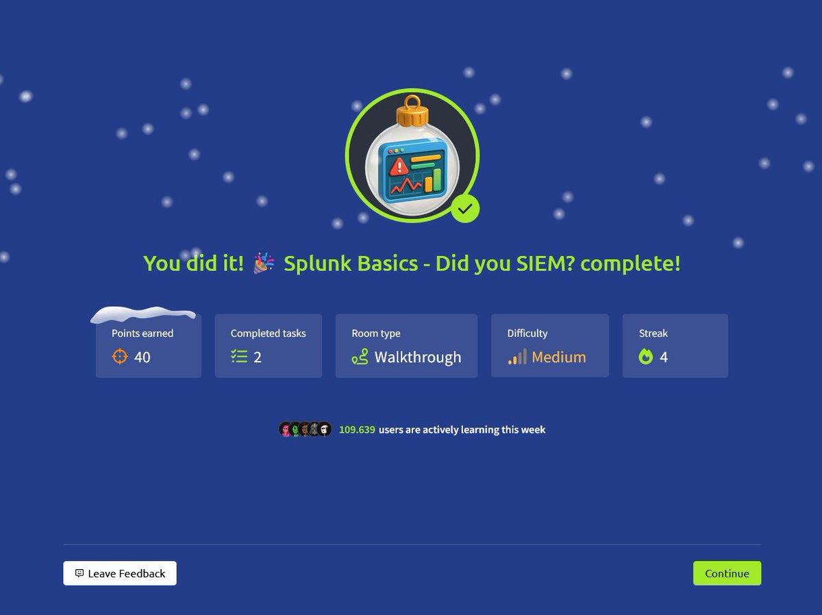 inseomniacs's tweet image. 03/12/2025 #desafiodasoo

hoje foi o terceiro dia do #adventofcyber2025 da @tryhackme e o desafio foi analisar os logs com o splunk e investigar como o ramsomware infiltrou o sistema. agora vou continuar com o curso introduction to cybersec da cisco que tenho feito há alguns dias