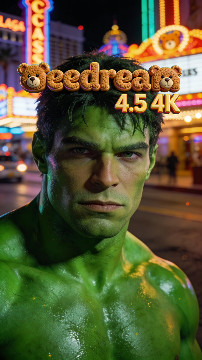 Hyper-realistic portrait with vibrant green skin on the Las Vegas Strip — example 2