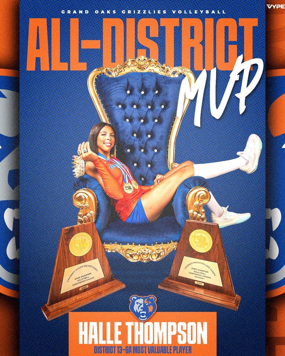 grandoaksvb's tweet photo. District 13-6A Most Valuable Player goes to Halle Thompson (Sr)! She has led with heart, passion, &amp; joy every step of the way. Halle excels in every aspect of the game, inspires everyone around her, &amp; brings energy &amp; excellence to every moment. We couldn’t be prouder! 🧡💙 https://t.co/f6Vl2erY8V