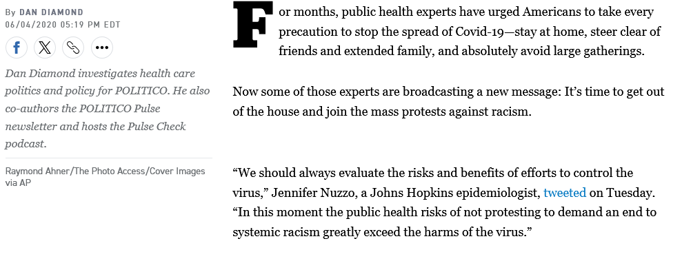 Always useful to go back in time to the Summer of 2020 to see how absolutely insane everything became amidst Leftist moral hysterics. Jennifer Nuzzo with a banger of a now-deleted utterly feminized delusional post.