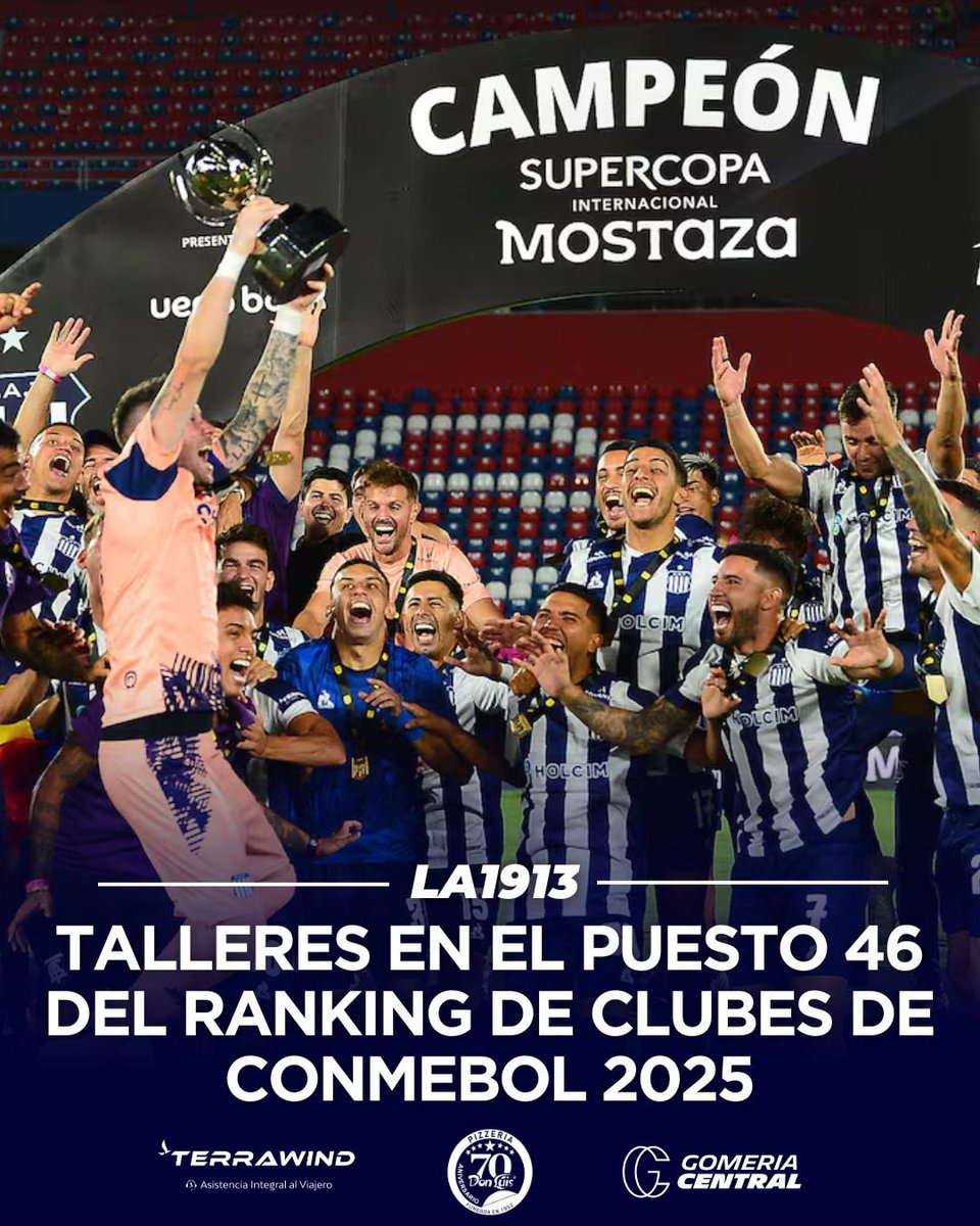 📈TALLERES EN EL TOP 50 DEL RANKING CONMEBOL 2025 

🏆Talleres se ha ubicado entre los 50 clubes más prestigiosos del continente, según el Ranking de Clubes de la Conmebol 2025. La participación internacional de la "T" le permitió alcanzar el puesto 46.