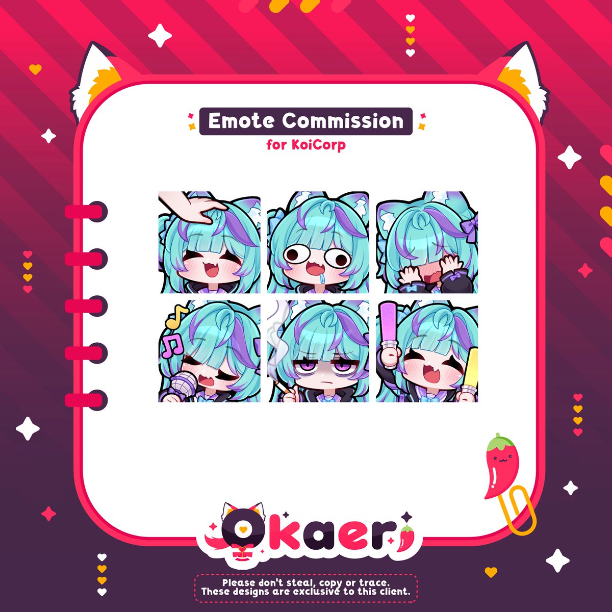OkaeriArt's tweet photo. ︶︶︶︶⠀୨୧⠀︶︶︶︶
Emote commission
for @KoiCorp_X &
@KarisKapiko ♡࣪⋆
︶︶︶︶⠀୨୧⠀︶︶︶︶
#VGenComm #VGen #KarPic https://t.co/0hjWSvlupw