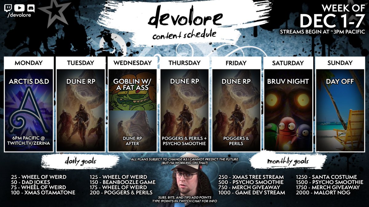 devolore's tweet image. Stream's up! Doin a little megabonk til our Goblin With A Fat Ass session in a couple hours. Dune RP after!

Also I fixed the schedule graphic because I'm dumb and forgot to change some text

twitch.tv/devolore
youtube.com/devolore
