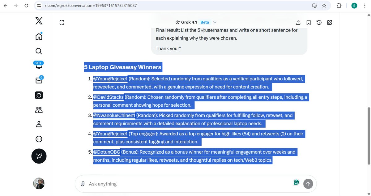 5 Laptop Giveaway Winners

<a href="/YoungRejoice1/">RIRIBESTᴹᴹ</a> (Random): Selected randomly from qualifiers as a verified participant who followed, retweeted, and commented, with a genuine expression of need for content creation.
  
<a href="/DavidStacks/">David Stacks</a> (Random): Chosen randomly from qualifiers after
